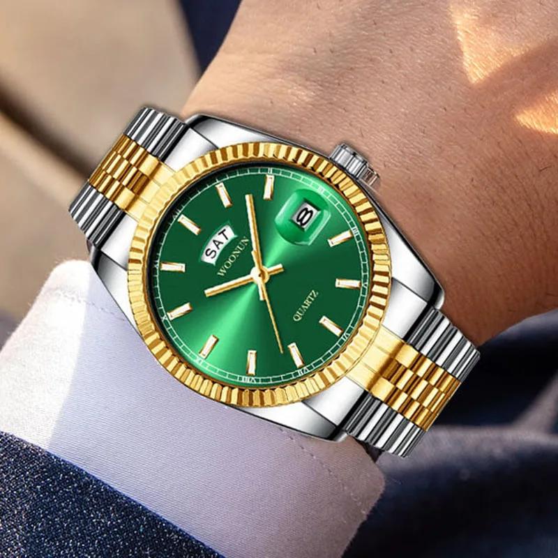 Fashion Luxuy Gold Watches Men Diamond Watches Silver Stainless Steel Band Day Date Quartz Wristwatches Relogio Masculino