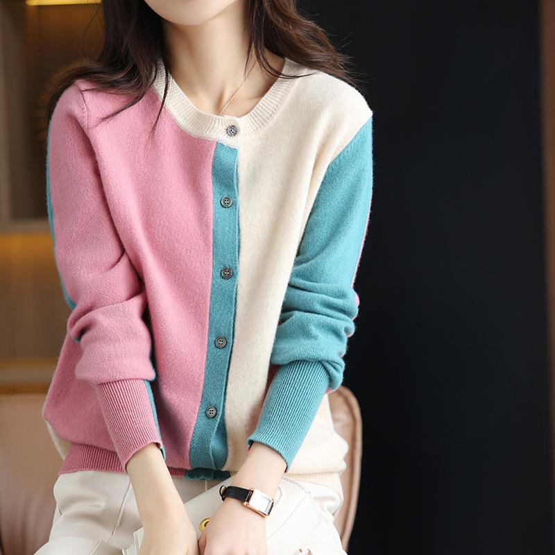 Women's Wool Patchwork Cardigan: Round Neck, Long Sleeve, Color Block, Loose Fit Sweater for Spring and Autumn.
