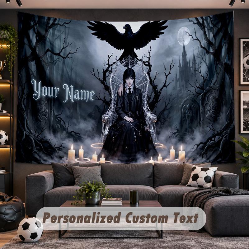 Wednesday Addams Personalized Tapestry Support Custom Name, Wall Art Home Decoration