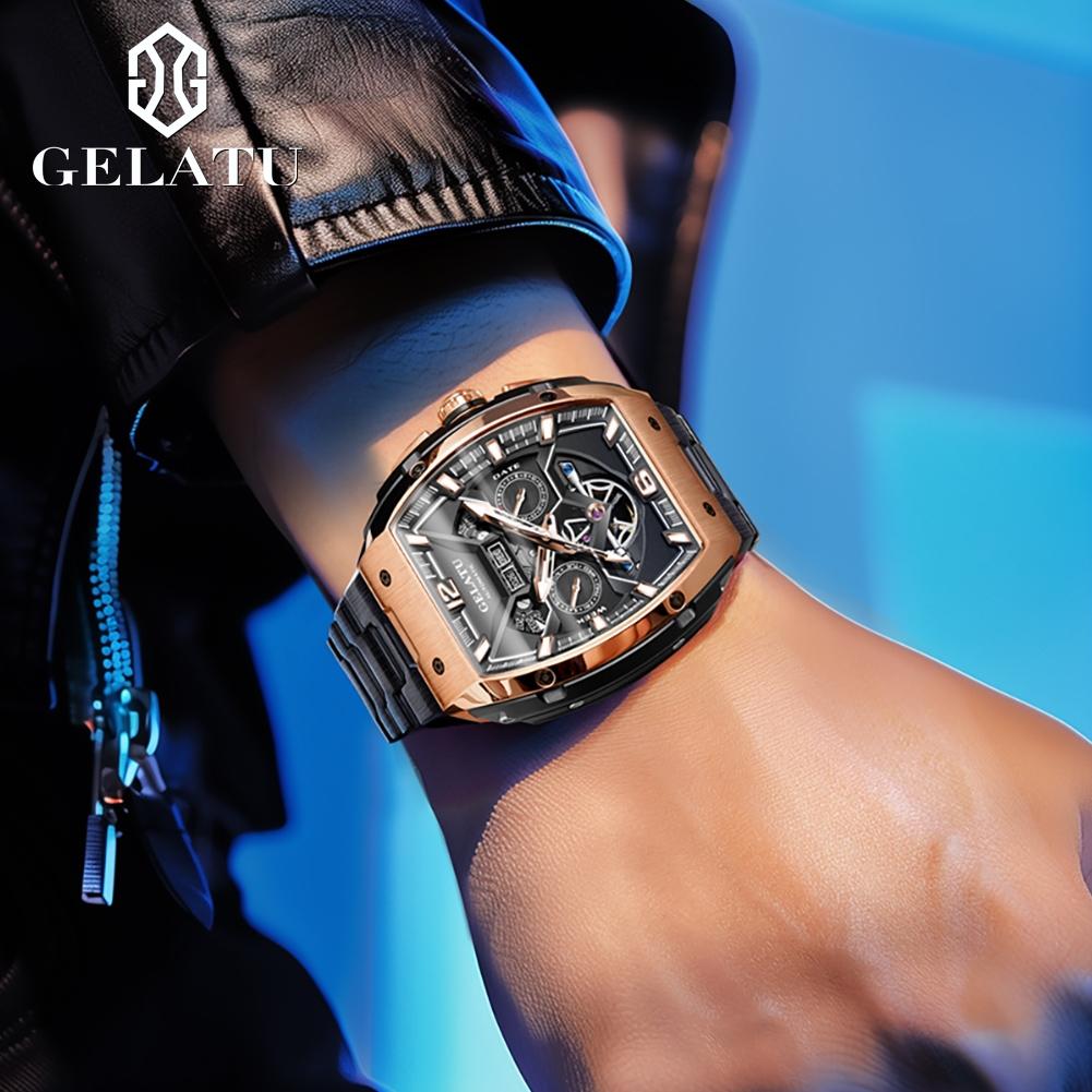 GELATU 6013 Man Watch Top Brand Date Week Mechanical Watch For Man Big Dial Hollow Luxury High End Business Watch 50M Waterproof