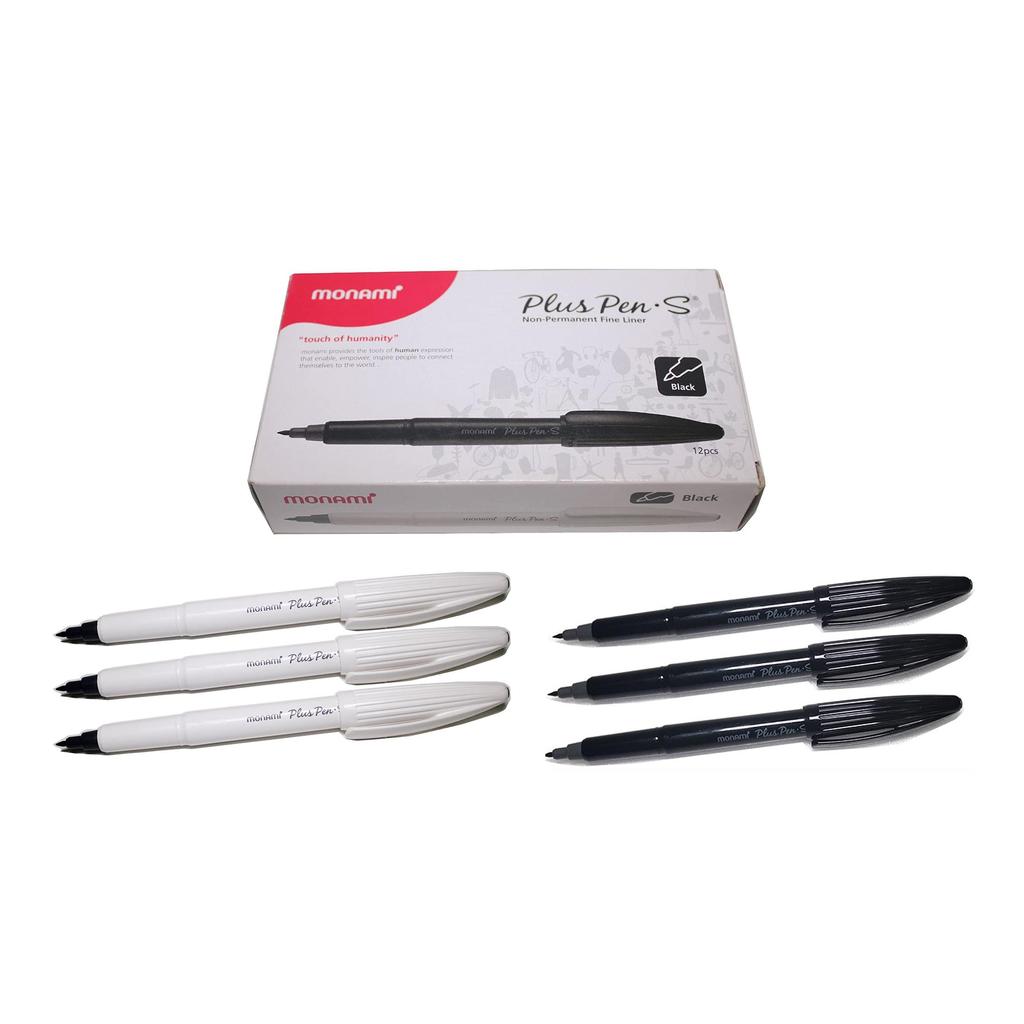 Monami Plus Pen S на водной основе, фетровый наконечник, тонкая ручка-подводка, черные чернила (12 шт.)