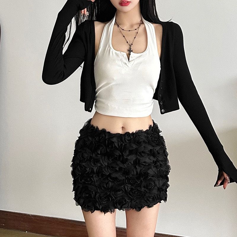 Летняя Новая Тяжелая Трехмерная Юбка-роза Мини с Высокой Талией Темпераментная Юбка Стройнящая Сказочная Юбка