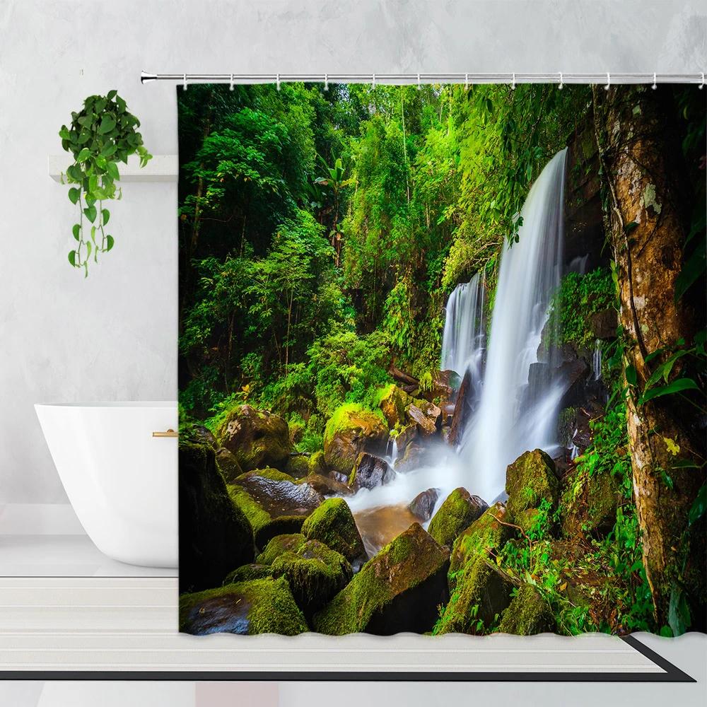 Zen Bamboo Forest Shower Curtain Summer Forest Jungle Waterfall Rock Nature Scenery Bath Curtains Set Green Landscape Bathroom