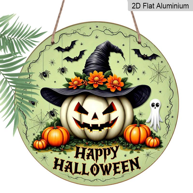 2D Flat, 1pc Retro Bohemian Style Aluminum Halloween Wall Decor Plaque - Round Witch Hat, Bat, Pumpkin And Metal Sign with "Happy Halloween" Quote