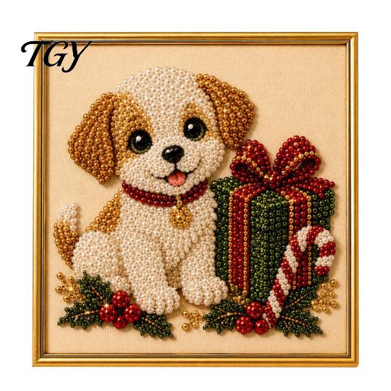 Christmas Themed DIY Projects Faux Pearl Art Kit, Xmas Hat Cat Dog Painting Holiday Home Decor Ornaments 3D Puppy Bead Craft Kit for Adults,