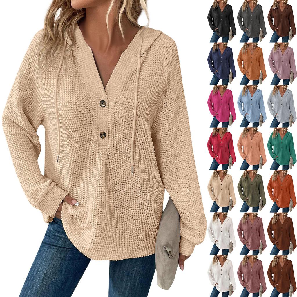 Женская мода с длинным рукавом, завязками на шнурке, капюшоном, пуговицами, V-образным вырезом, повседневная толстовка с капюшоном