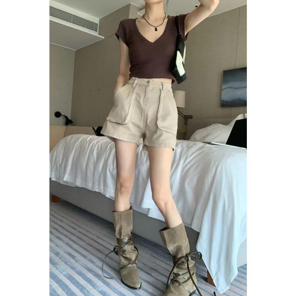 Working Denim Shorts for Women Thin Style High Waist Pocket A-line Wide Legs