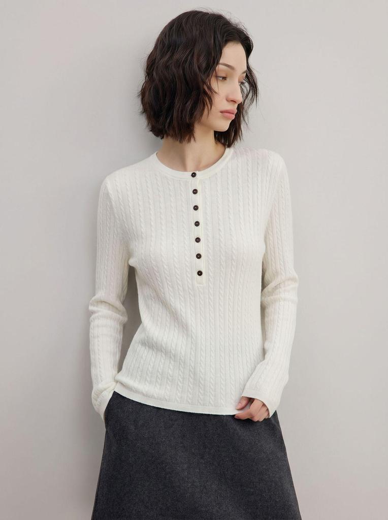 Women's Slimming Henley Wool Sweater: Retro Cable Knit, Jacquard Long Sleeve Top for Autumn & Winter