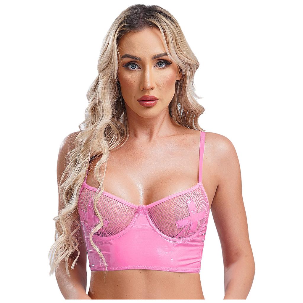 Womens Mesh Underwire Push Up Bra Balconette Bustier Wet Look Crop Top Back Zipper Lingerie