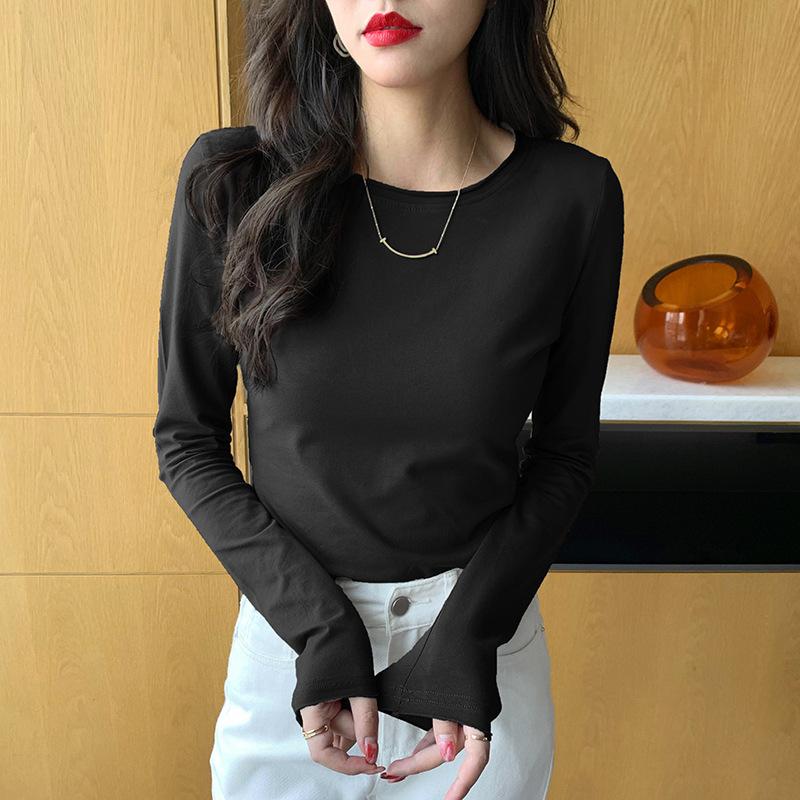 Белая футболка с длинными рукавами для женщин, весна и осень, женская, новая модная студенческая футболка из чистого хлопка, однотонная, с загнутыми краями, верхняя часть