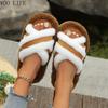 Women Cross Strap Fluffy Slippers Patchwork Platform House Shoes Non-Slip Comfortable Indoor Outdoor