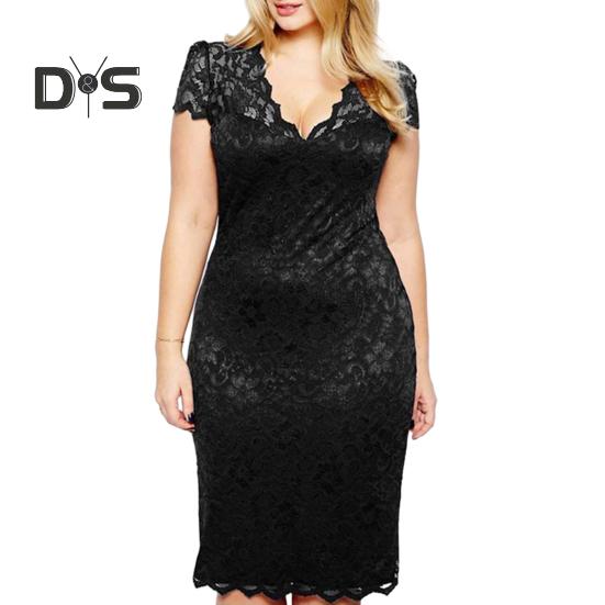 Summer Women See Through Lace Patchwork Mini Dress V Neck Short Sleeve Slim Fit Plus Size Party Dress Female Clothing