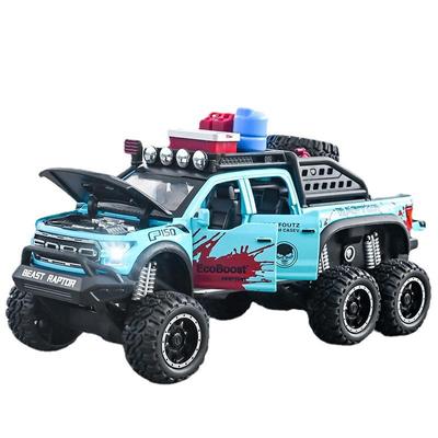 Масштаб 1/28 Ford Raptor F150 6X6 Пикап, литая под давлением модель автомобиля, игрушечный автомобиль со звуком и светом для детей, коллекция подарков для малышей