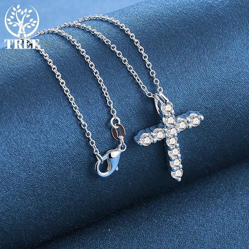 925 Sterling Silver AAA Zircon Cross Pendant Necklace Jewelry