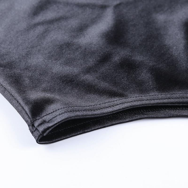 Цельный комбинезон, женское боди, готический черный тонкий боди с высокой горловиной и молнией сзади, женская черная футболка с длинными рукавами