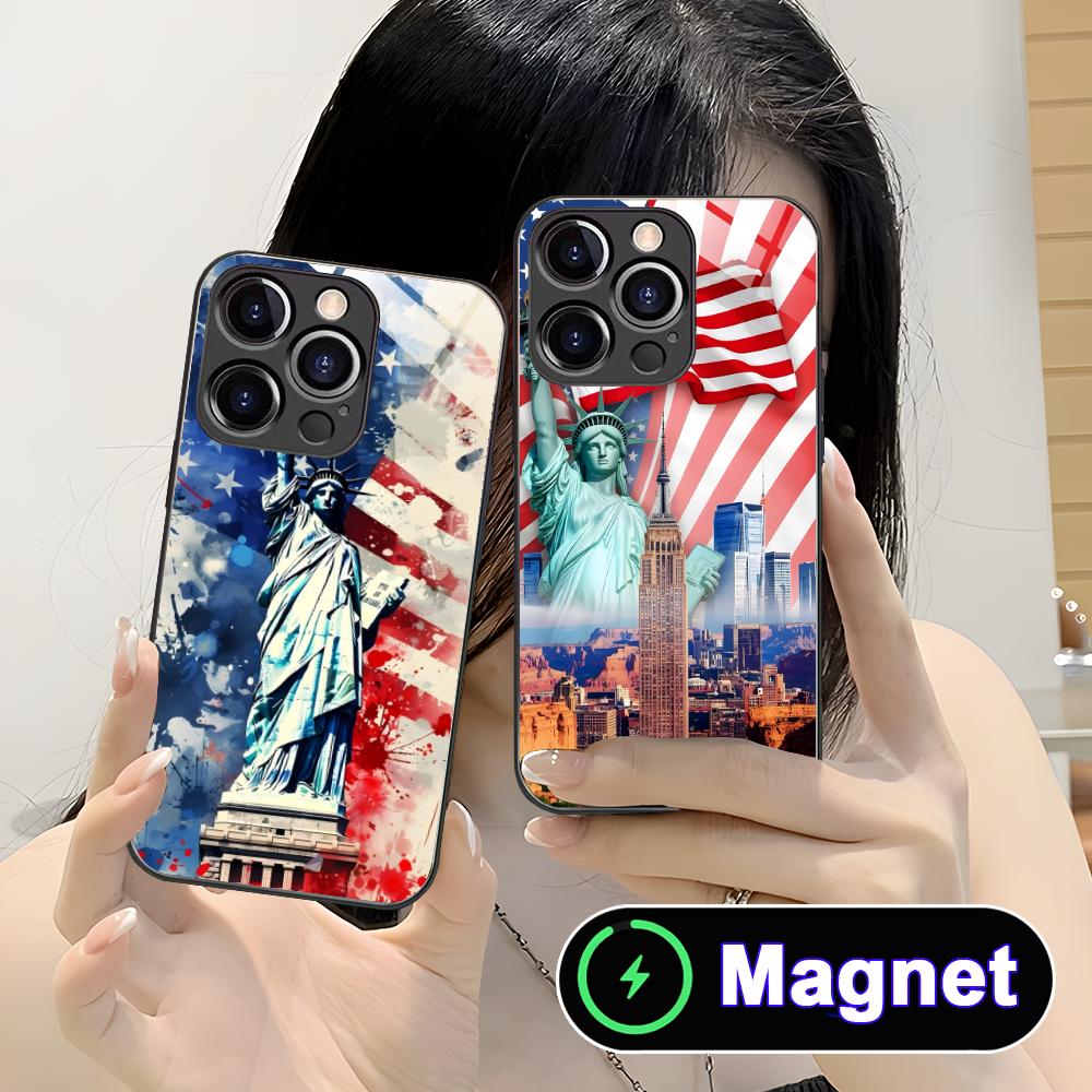 США Флаг Америки Стеклянный Чехол для Мобильного Телефона MagSafe для iPhone 17 16 15 14 13 12 11 Air Pro Max Plus Mini Цветной Чехол