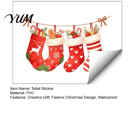 Decorative PVC Toilet Decals Christmas Stocking Stickers, Waterproof Bathroom for Holiday Home Festive Wall Decor Decoration, Red Watercolor Art Glass