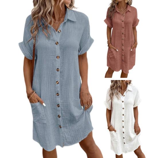 Летнее женское платье с отложным воротником, однобортное свободное однотонное кардиган с короткими рукавами и пуговицами по бокам, длиной до колена, повседневное женское платье-миди