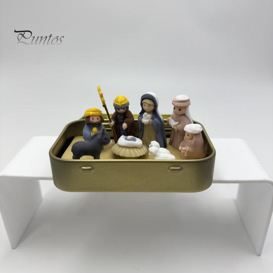 Портативный набор «История Рождества» Мини в жестяной коробке, Карманный 3D-печатный набор сцены, Маленькие аутентичные миниатюрные фигурки Святого Семейства Иисуса, Пасха
