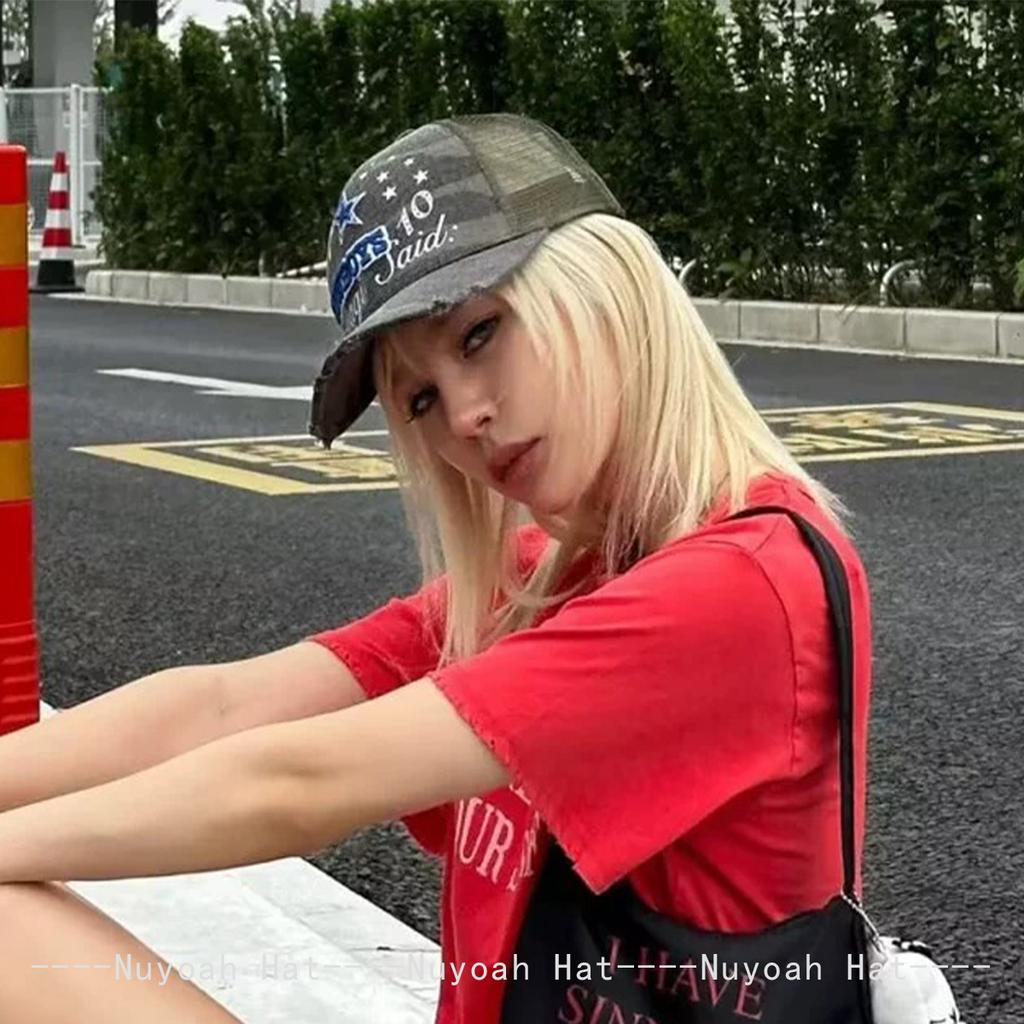 И Женские Сломанный Стиль Принт Буквы Звезда Нишевый Стиль Бейсболки Сетчатая Защита от Солнца Персонализированные Универсальные Камуфляж Козырьки Модные Потертые