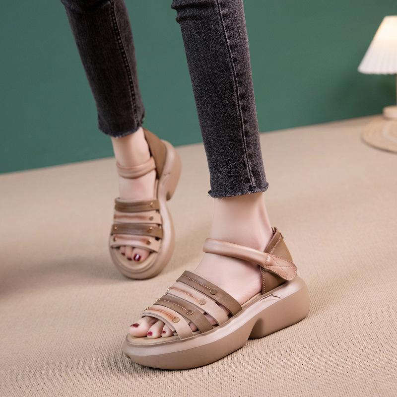 First Layer Cowhide Sandals Women's Summer 2025 New Leather Casual Retro Ethnic Style Velcro Platform Women's Shoes