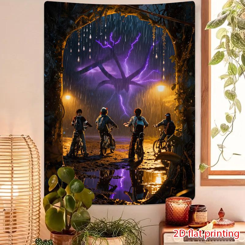 Stormy Adventure Tapestry Kids on Bikes in Rainy Night Mysterious Glow Polyester 5161 in for Bedroom or Dorm