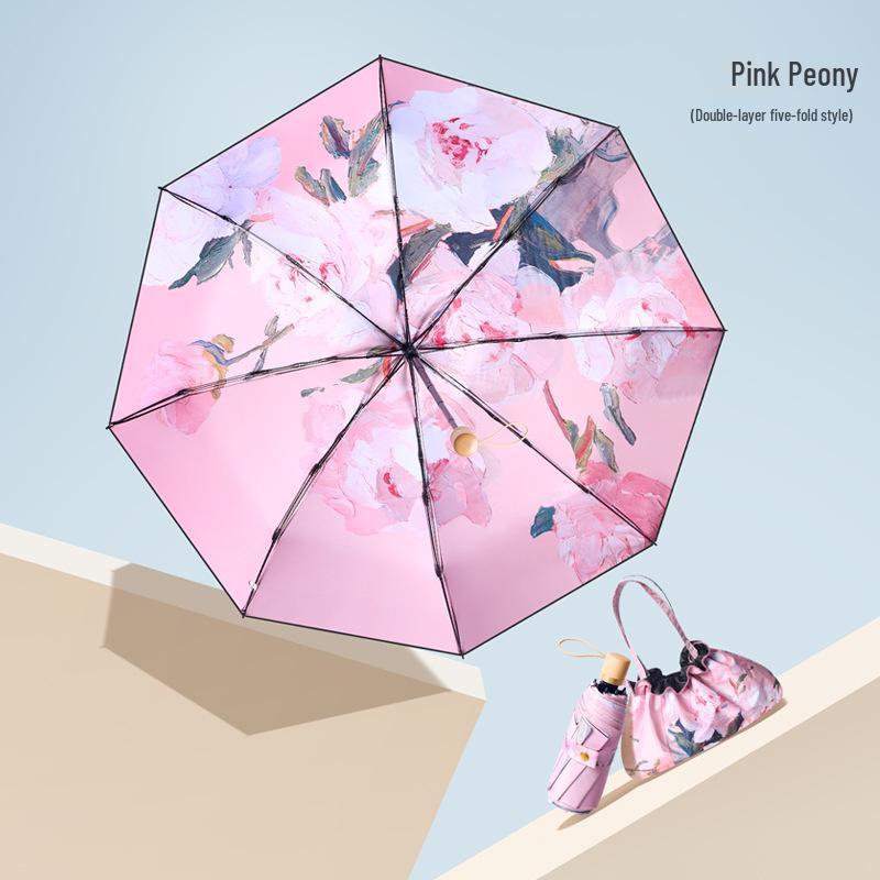 Women's UV-Protection Foldable Sun Umbrella - Compact, Portable, Manual, for Rain or Shine with Black Glue Coating.
