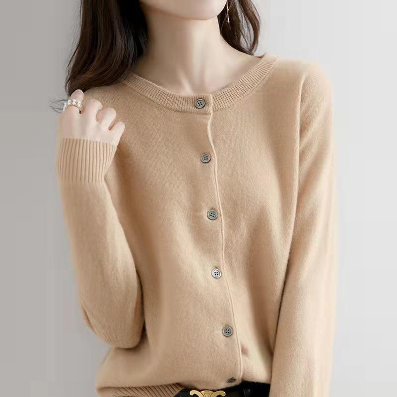 QICED Autumn and Winter O-Neck Knitted Cardigan Women Loose Large Size Sweater Coat Solid Color Bottom Sweater Coat