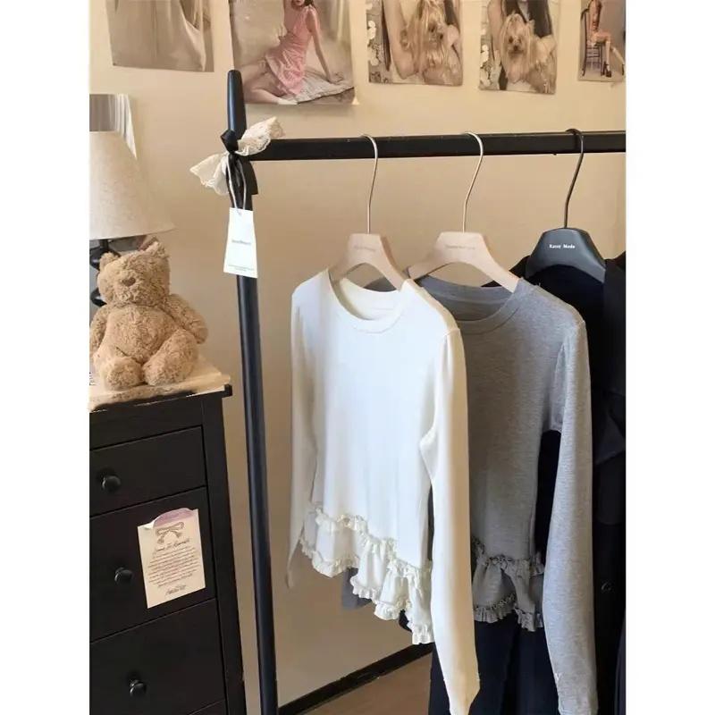 Women Fashion Slim Basic Ruffle Patchwork Long Sleeve T-Shirt Spring Autumn Winter Thickened Crew Neck Pullovers