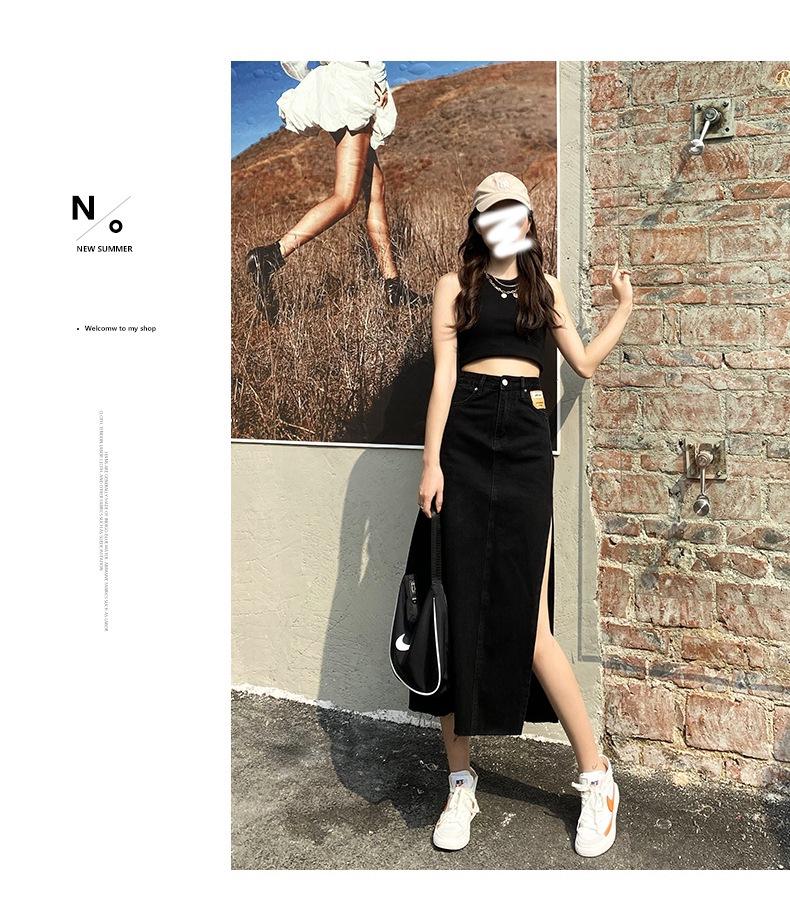 2021 Women's High Waist Slim Fit Denim Midi Skirt with Side Slit