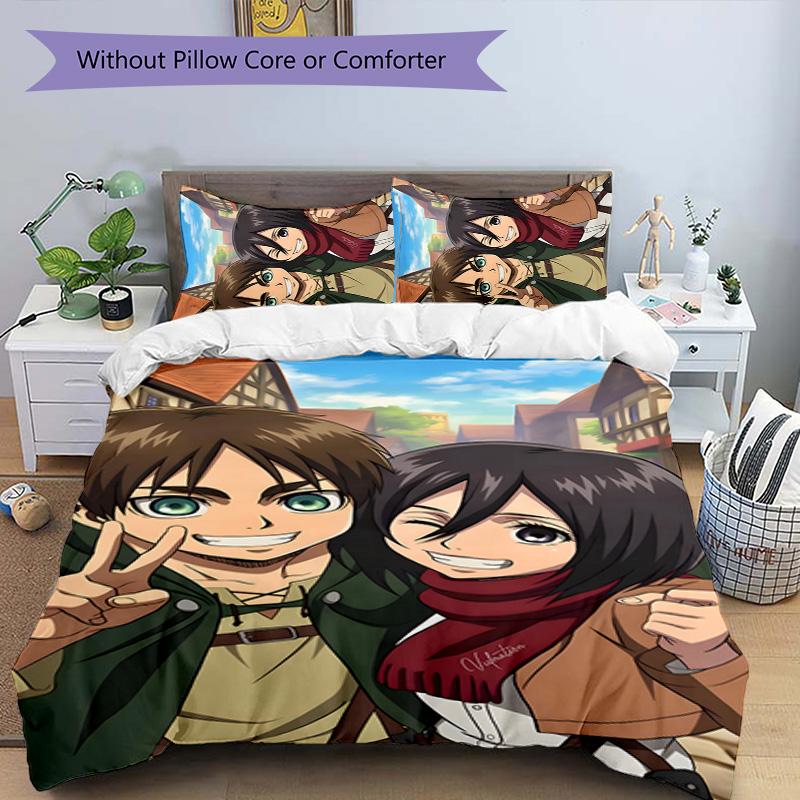 Eren & Mikasa 3pcs Bedding Set Duvet Cover Closure Includes 1 Duvet Cover & 2 Pillowcases for All Seasons Bedroom Home Dorm Decor