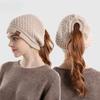 New Women Ponytail Hat Warm Slouchy Loose Knitted Hat with Hole Solid Color Beanie Home Outdoor Convenient Ear Protection Bonnet