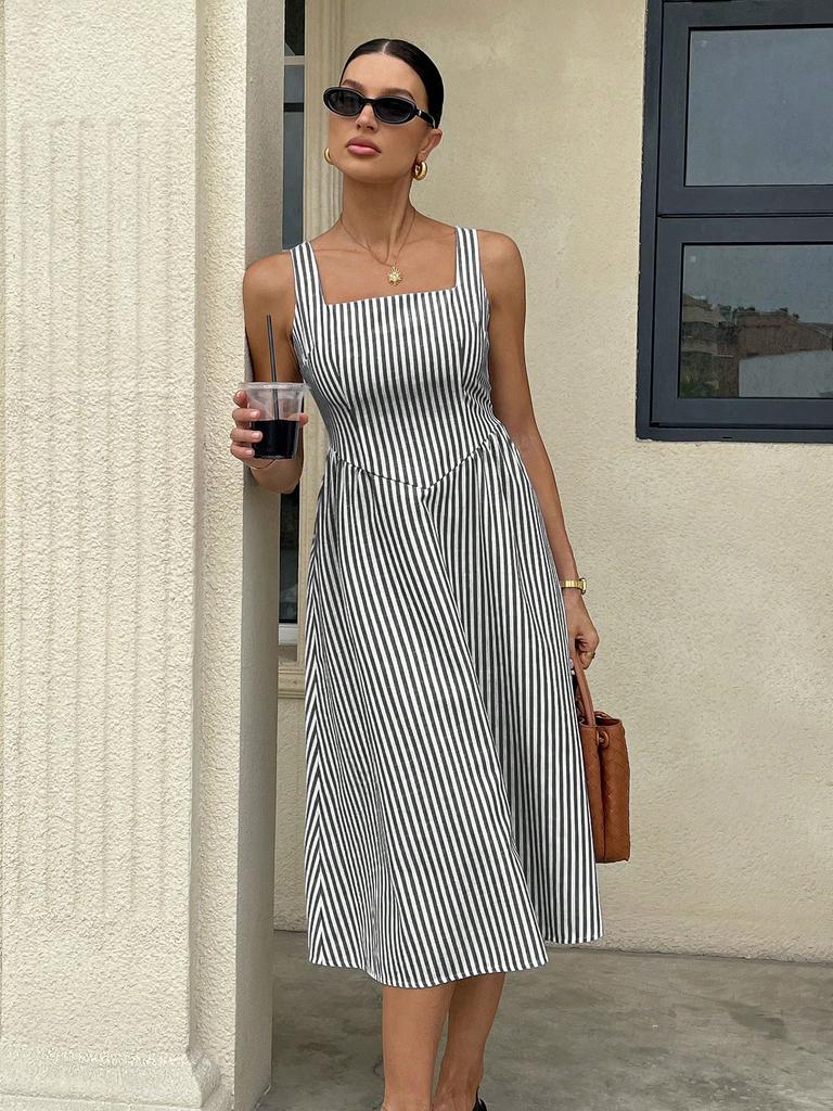Women Casual Fashion Square Neck Sleeveless Color Block Striped High Waist Long Dress