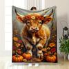 Highland Cow with Flower Crown & Pumpkins Flannel Blanket for Bedroom Living Room Sofa and Nap