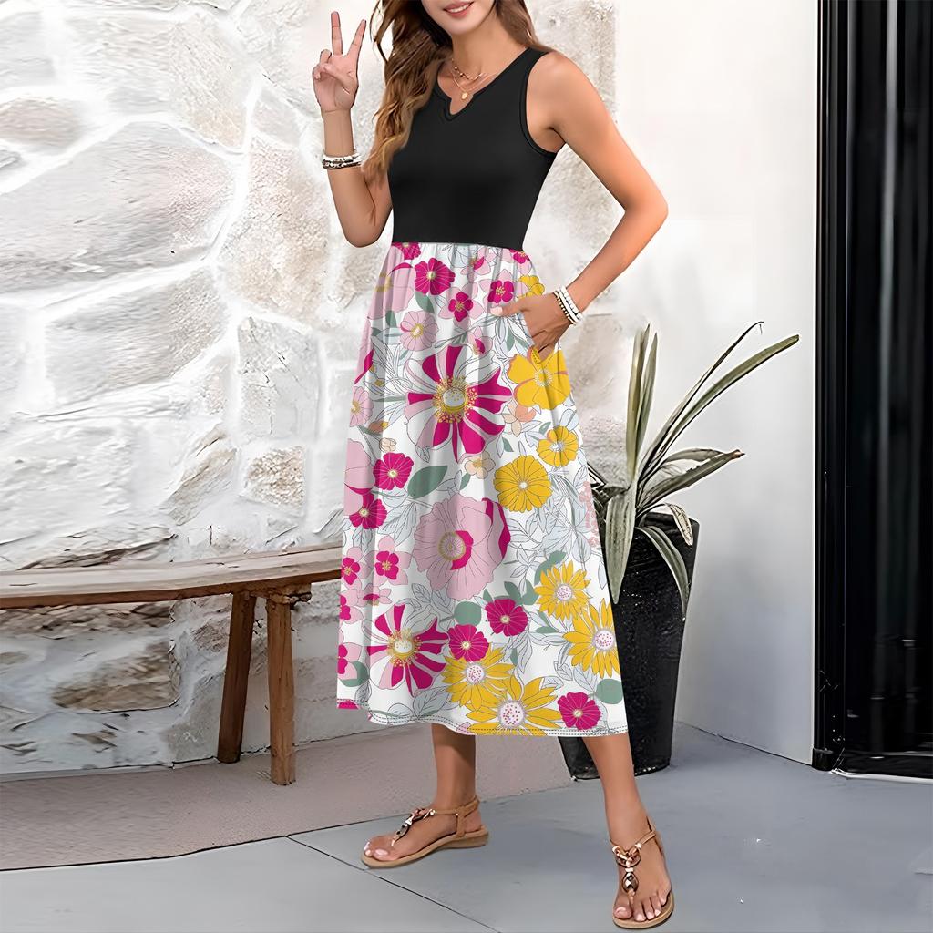 Женское платье без рукавов с цветочным принтом и высокой талией, модное и элегантное