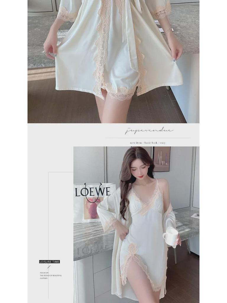 Пижамный комплект из кружева Ice Silk Deep V Backless для женщин