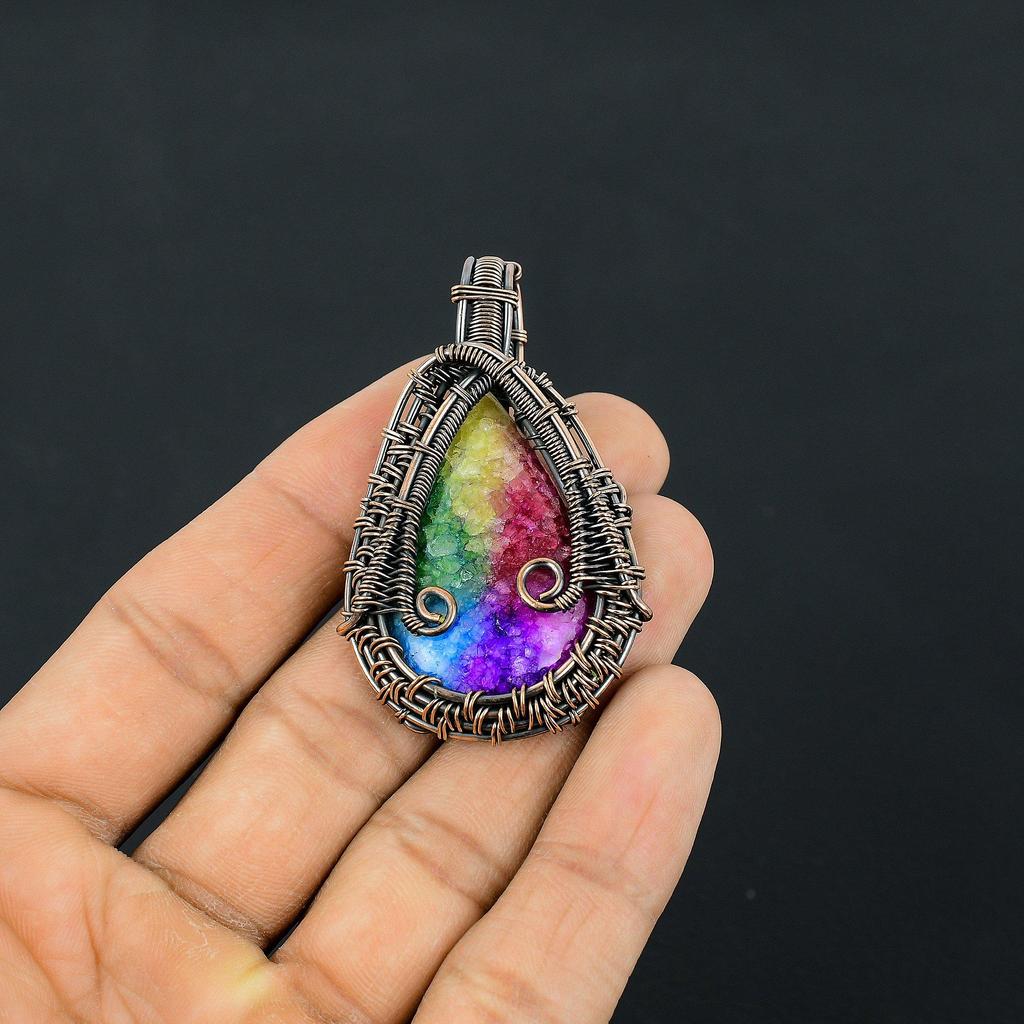 Rainbow Solar Quartz 999 Copper Wire Wrapped Pendant, Handmade Gemstone Pendant Jewelry, Gifts For Wife Brand New Pendant