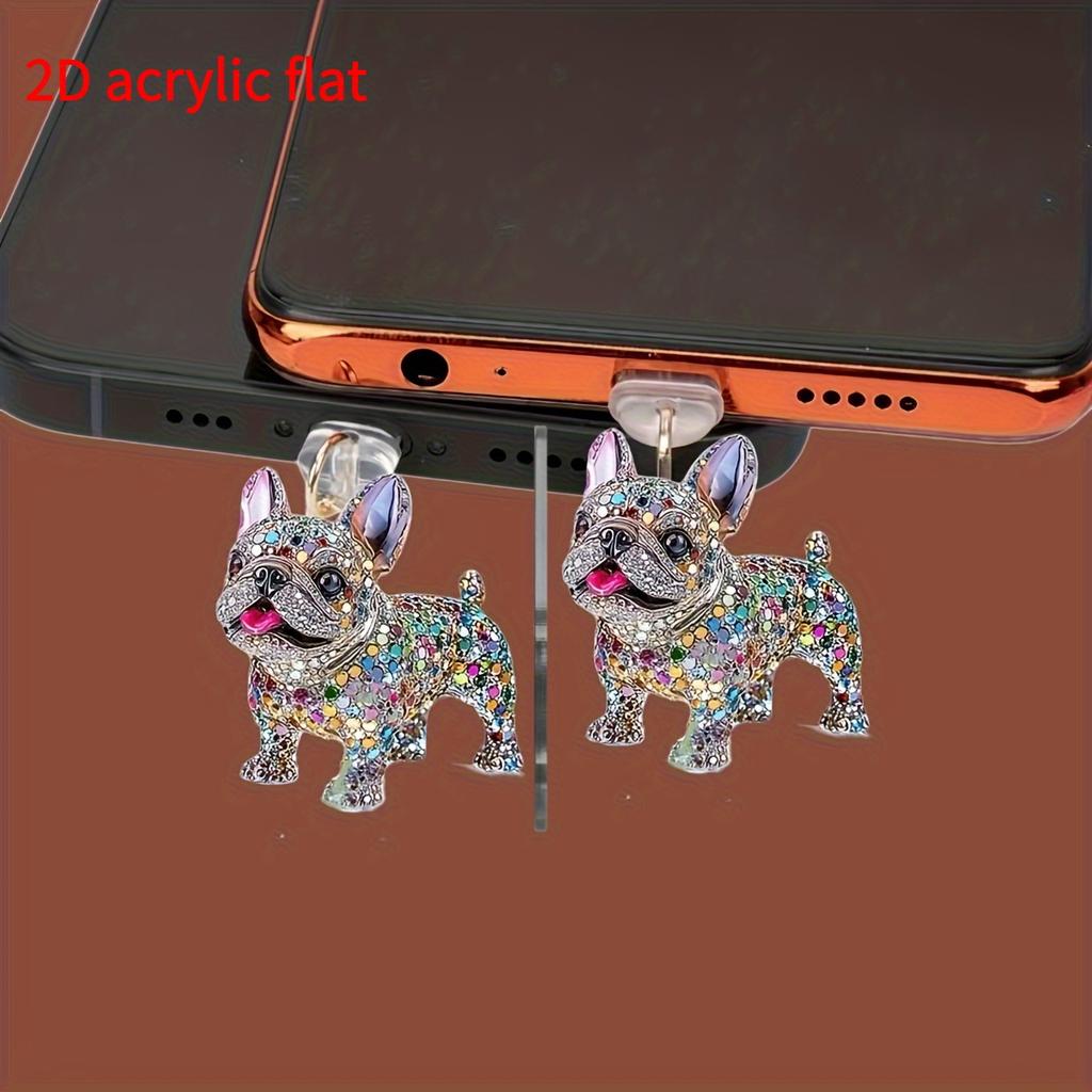 1 шт. Блестящая акриловая заглушка от пыли в виде французского бульдога для разъема iPhone/Type-C - Ослепительный дизайн со стразами