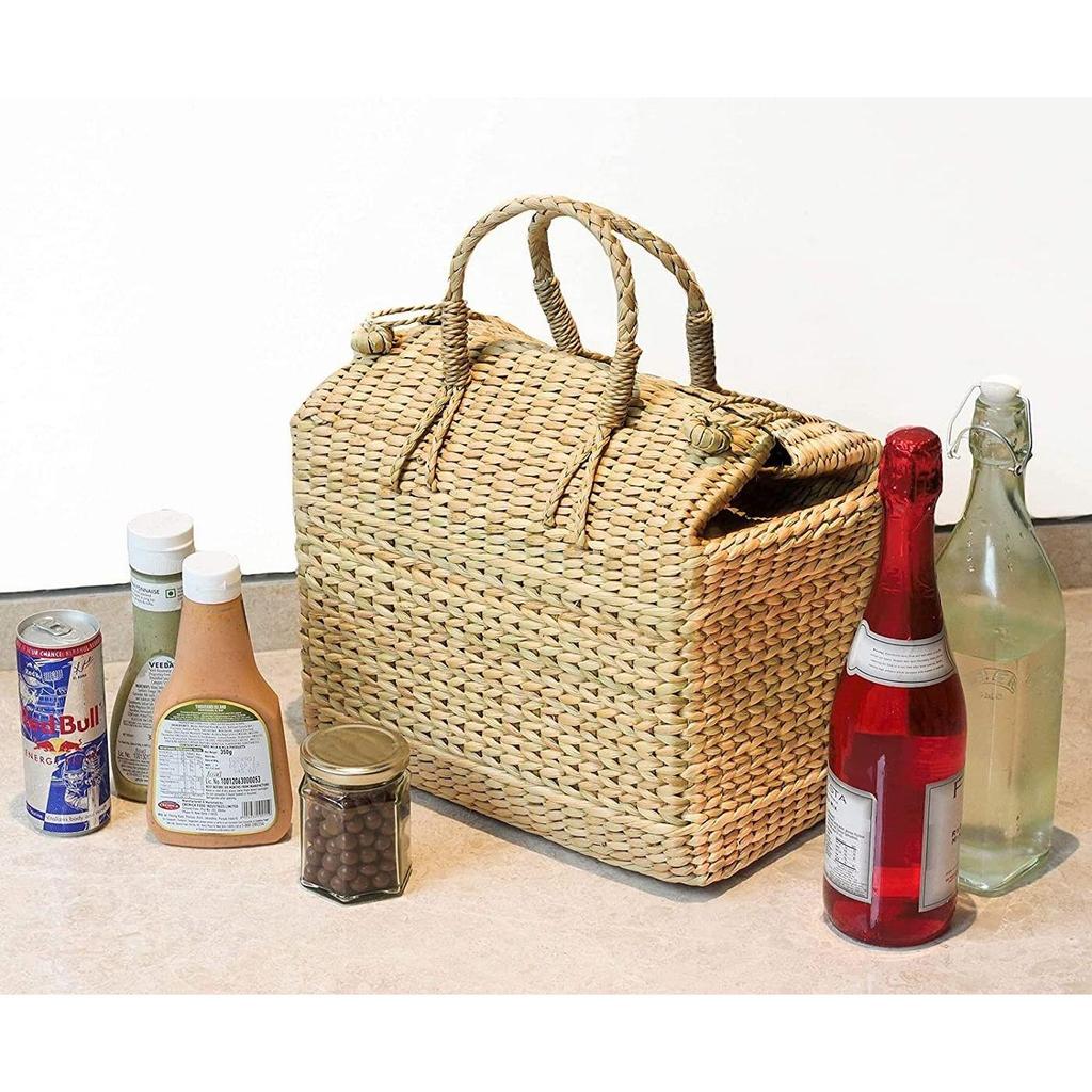 Сумка-корзинка для пикника - сумка для ланча из натурального тростника с ручкой из сухого травяного материала, сумка из водного гиацинта для фруктов и овощей - натуральный цвет (Средняя)