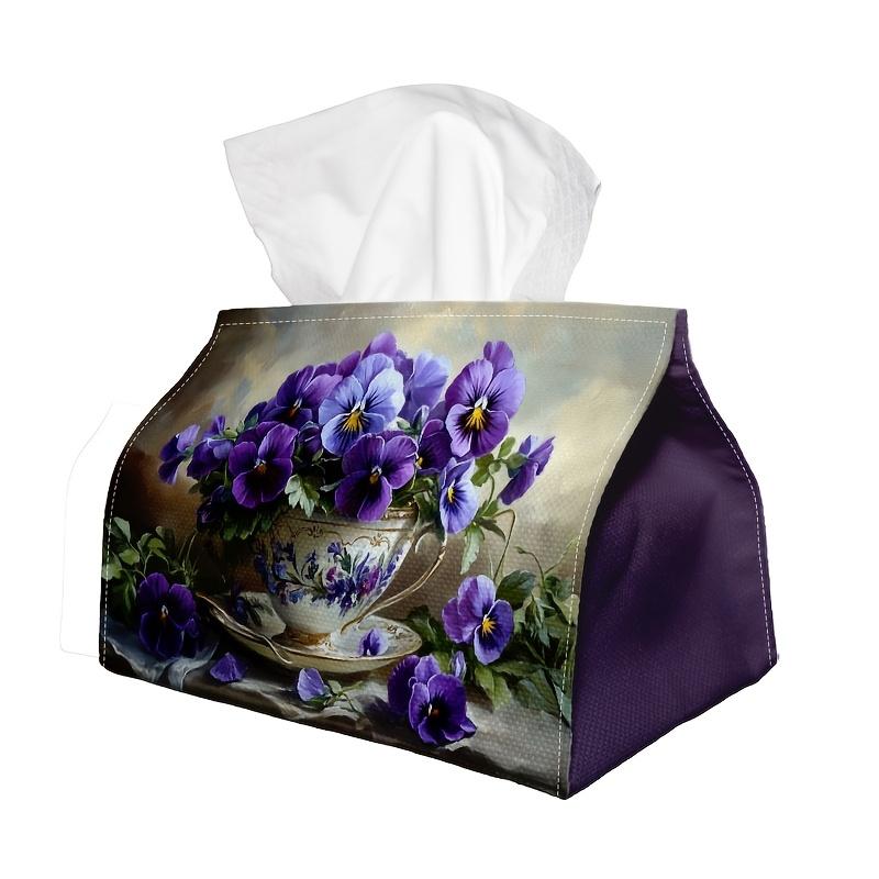 1pc Party Tissue Box, Vintage Still Life Floral Design, Versatile Tissue Holder, Purple Pansy Flower Tea Cup, Outdoor Event Supplies, Daily Desktop Ti