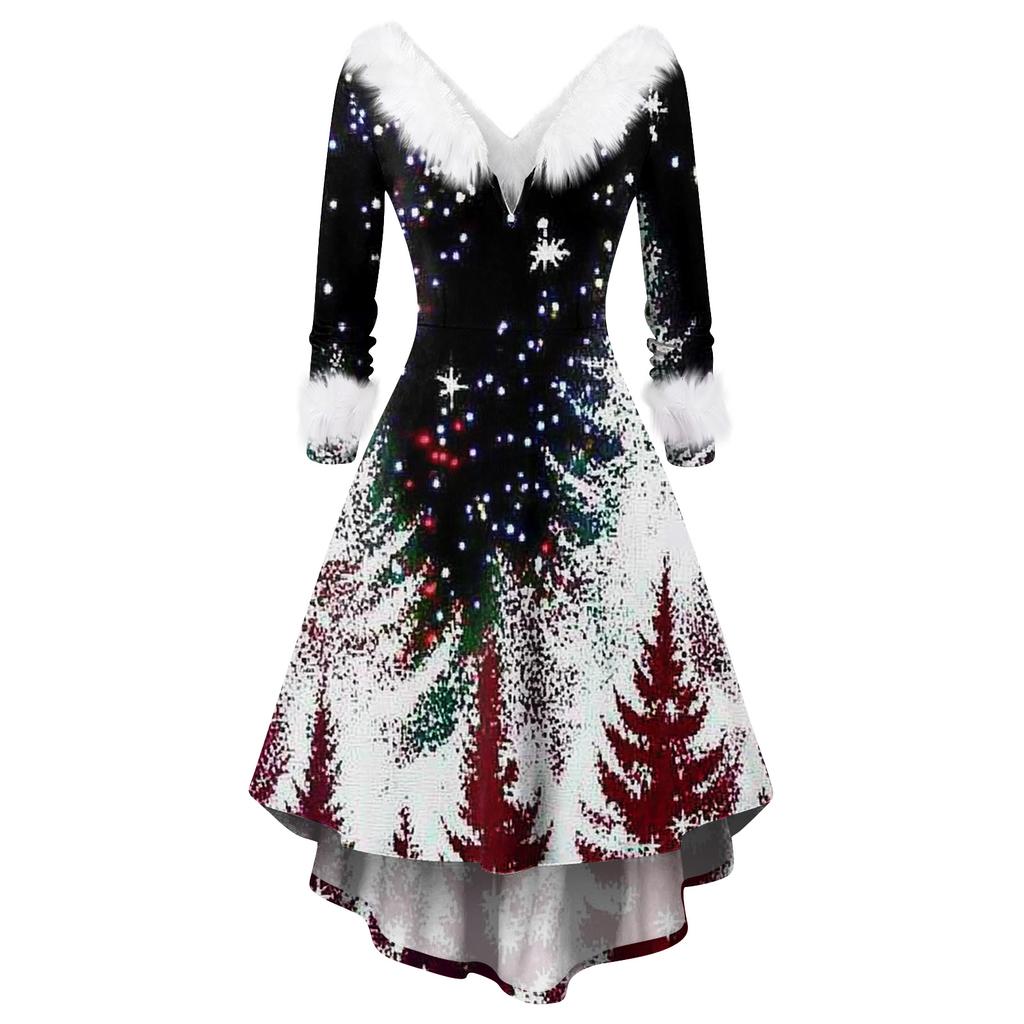 Женское модное повседневное приталенное платье с рождественским принтом для вечеринки с длинными рукавами