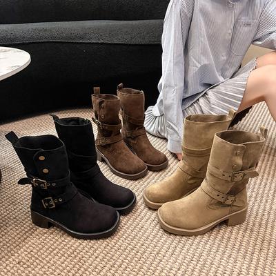 Ruodan толстый каблук ковбойские сапоги женские осенние новые на среднем каблуке ретро квадратный носок толстая подошва сапоги-чулки два способа носки полусапоги