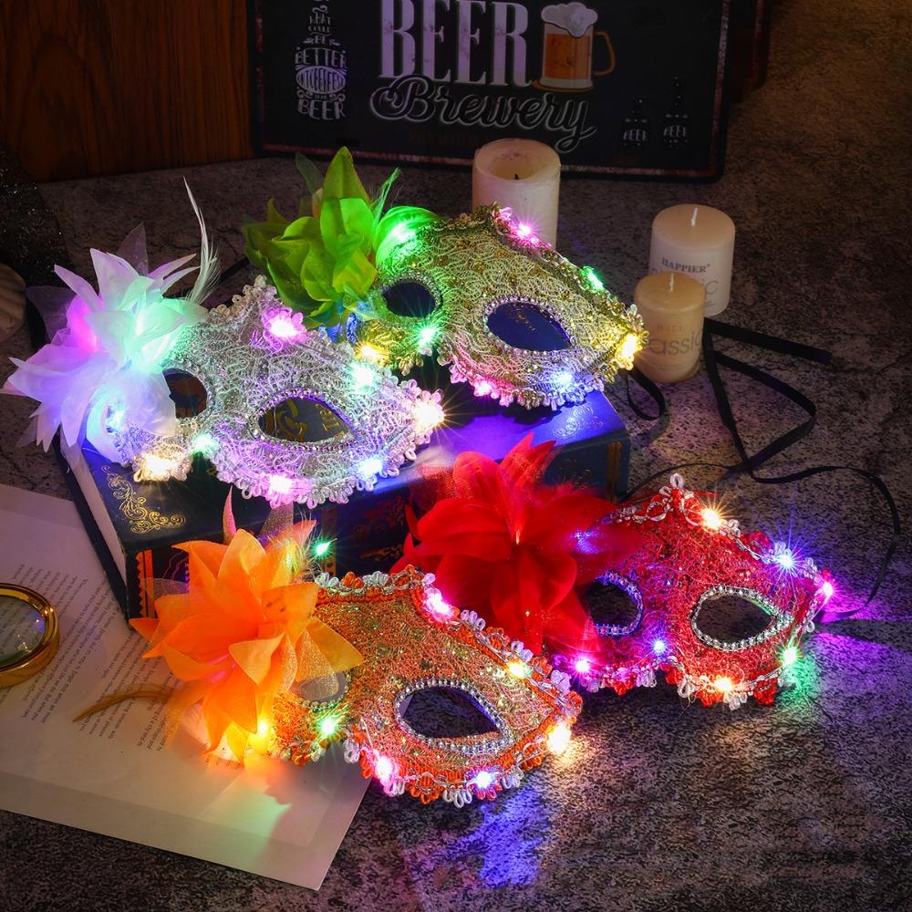 Plastic Feather Flower Mask Lace Venice Masquerade Mask Princess LED Glowing Mask Carnival