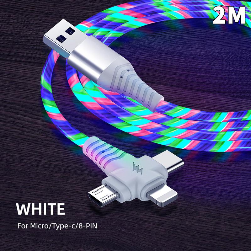 Светодиодный светящийся кабель для зарядки с эффектом потока 3 в 1, светящийся, для быстрой зарядки, Micro USB, Type-C, длина 1 метр, для фото, провод