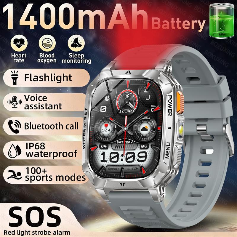 Rugged Outdoor Smart Watch 1400mAh 2.01" HD Screen Bluetooth Call GPS IP68 Waterproof Flashlight SOS Fitness Watch for Men