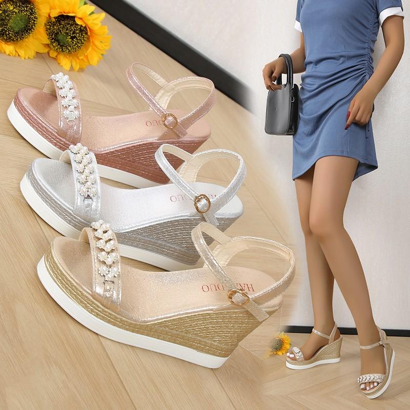 Fashion Women's Platform Sandals 2024 Summer Pearl High Heels Fashion Women's Wedge Sandals Beach Shoes