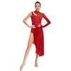 Women Asymmetrical Lyrical Dance Dress S-XXL - Mock Neck Cutout Sheer Mesh Patchwork Shiny Rhinestones Side Split Dancewear