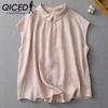 QICED Однотонная хлопково-льняная рубашка без рукавов с кукольным воротником, женская летняя одежда для снижения возраста, рубашка для похудения с обеих сторон, повседневная льняная блузка