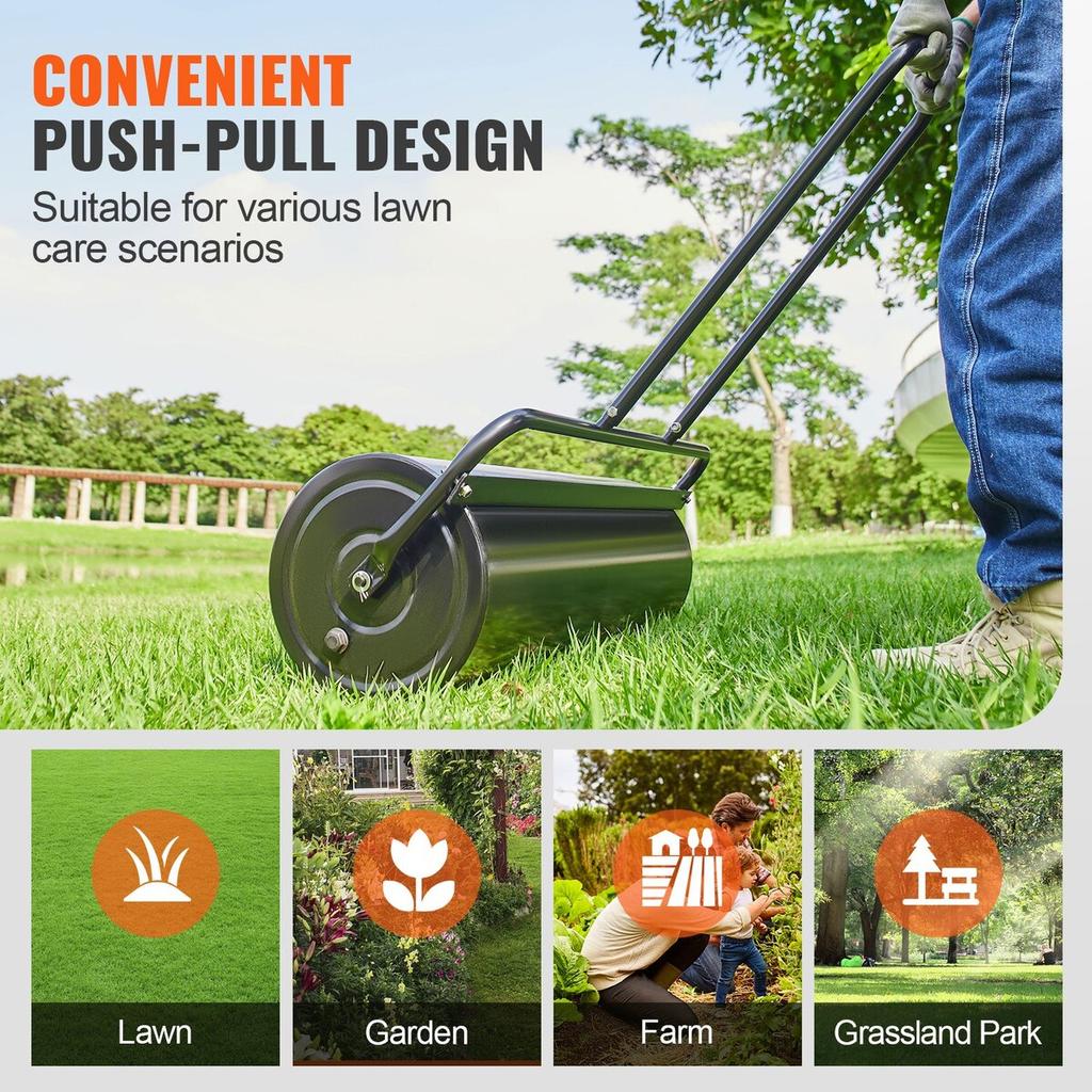 Lawn Roller, 17 Gallon Sand/Water Filled Yard Roller, Steel Sod Roller with Easy-turn Plug and U-Shaped Ergonomic Handle for Convenient Push and Pull,