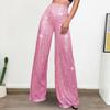 Long Pants High Waist Sparkling Sequined Straight Wide Leg Pants Elastic Waist Loose Fit